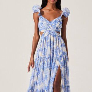Astr Blue and White Floral Maxi Dress with Cutouts